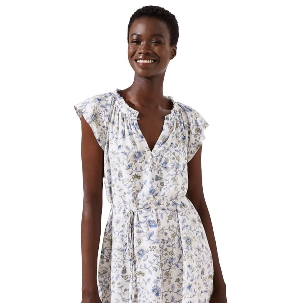 LOFT Floral White Lightweight Dress with Keyhole Neck and Cap Sleeves Size Med